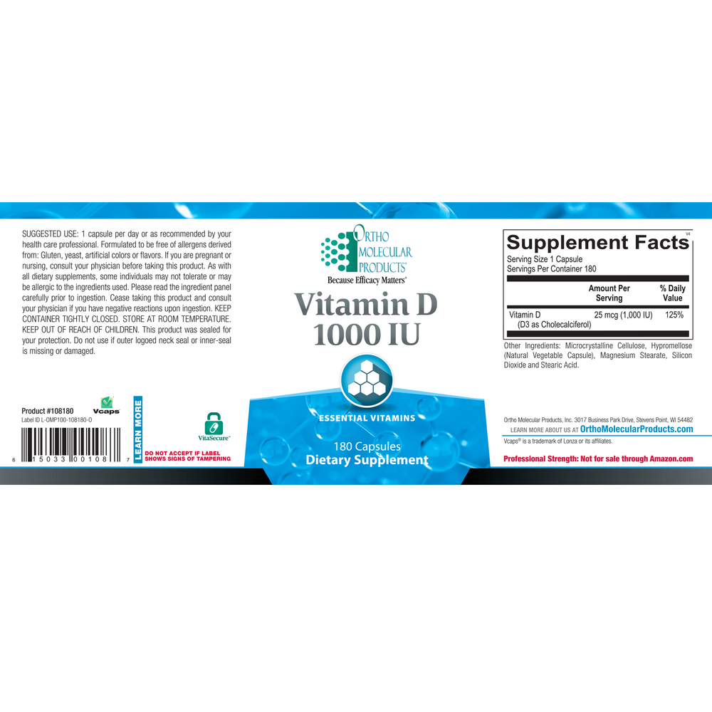 Ortho Molecular Products Vitamin D3 1,000 IU – 180 Capsules | Vitamin D Supplement