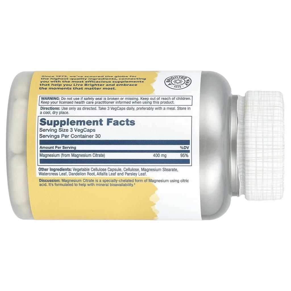 Solaray Magnesium Citrate 400 mg – 90 Vegetarian Capsules | Mineral Supplement